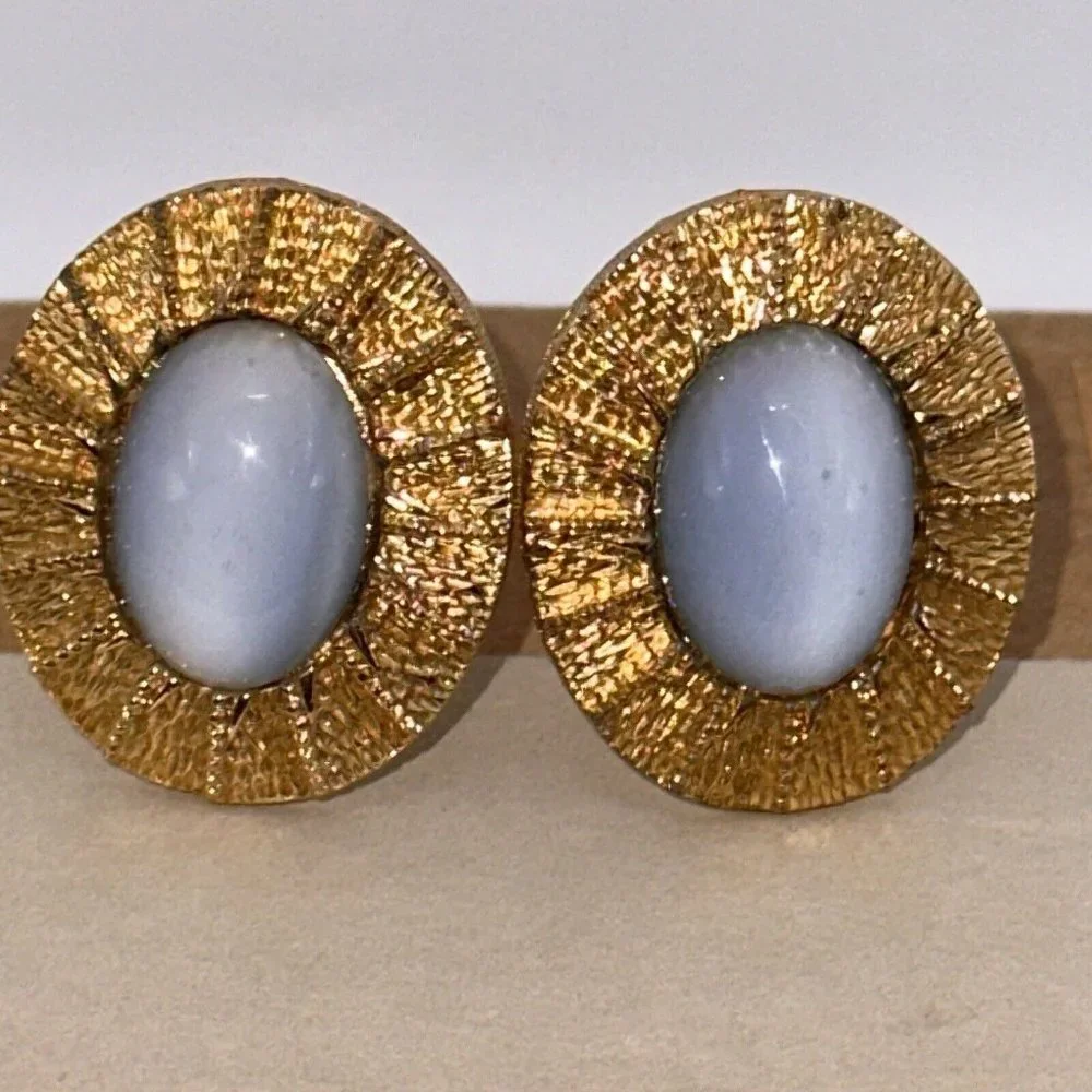 Ornate Goldtone Light Blue Moonglow Glass‎ Cufflinks